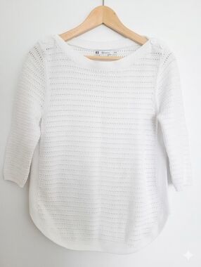 Reitmans White Open-Knit Pointelle Boat Neck Sweater Size M Coastal 100% Cotton
